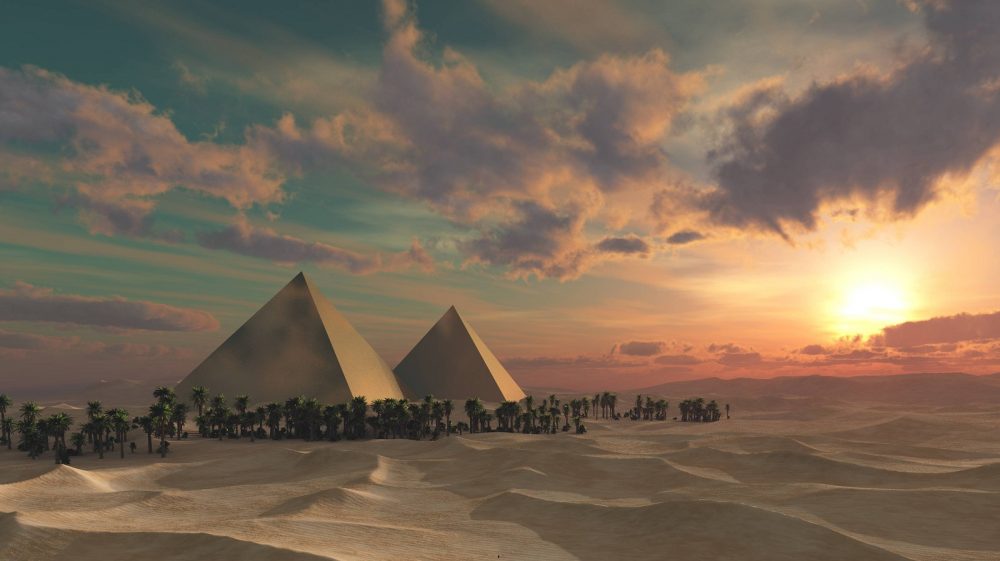 An artists rendering of the pyramids at Sunset. Shutterstock.