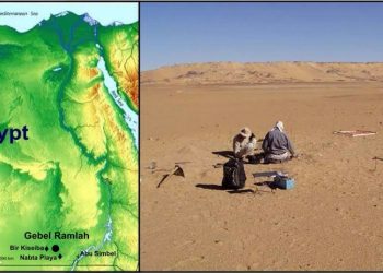 The excavation site along the former shores of an extinct seasonal lake near a place called Gebel Ramlah. Image Credit: Joel D. Irish, Czekaj- Zastawny Agnieszka, Jacek Kabacinski / The Conversation.