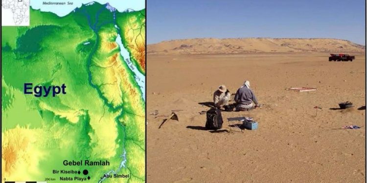 The excavation site along the former shores of an extinct seasonal lake near a place called Gebel Ramlah. Image Credit: Joel D. Irish, Czekaj- Zastawny Agnieszka, Jacek Kabacinski / The Conversation.