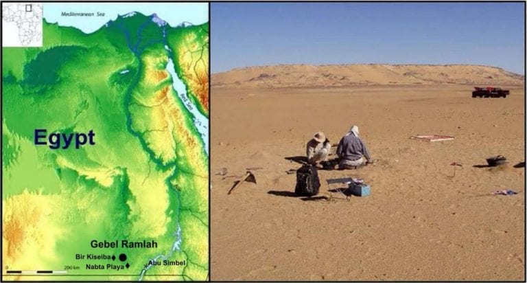 The excavation site along the former shores of an extinct seasonal lake near a place called Gebel Ramlah. Image Credit: Joel D. Irish, Czekaj- Zastawny Agnieszka, Jacek Kabacinski / The Conversation.