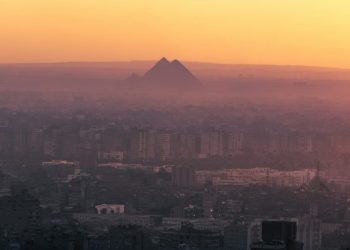 A distant view of the Pyramids at Giza from a different perspective. Shutterstock.
