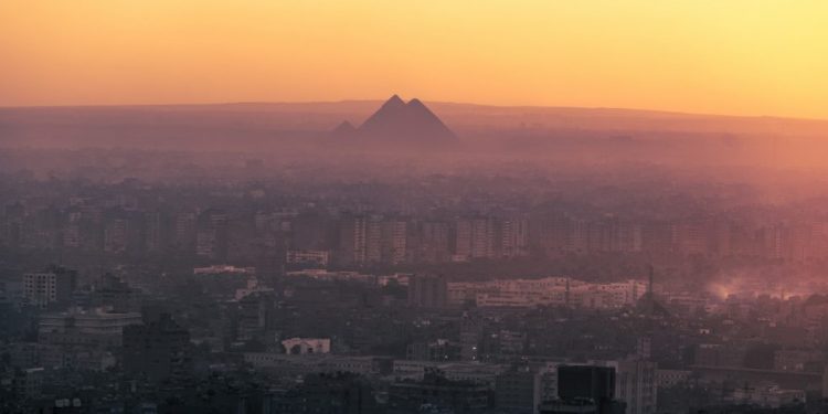 A distant view of the Pyramids at Giza from a different perspective. Shutterstock.