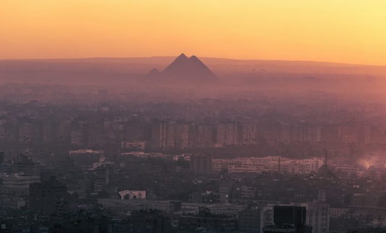 A distant view of the Pyramids at Giza from a different perspective. Shutterstock.