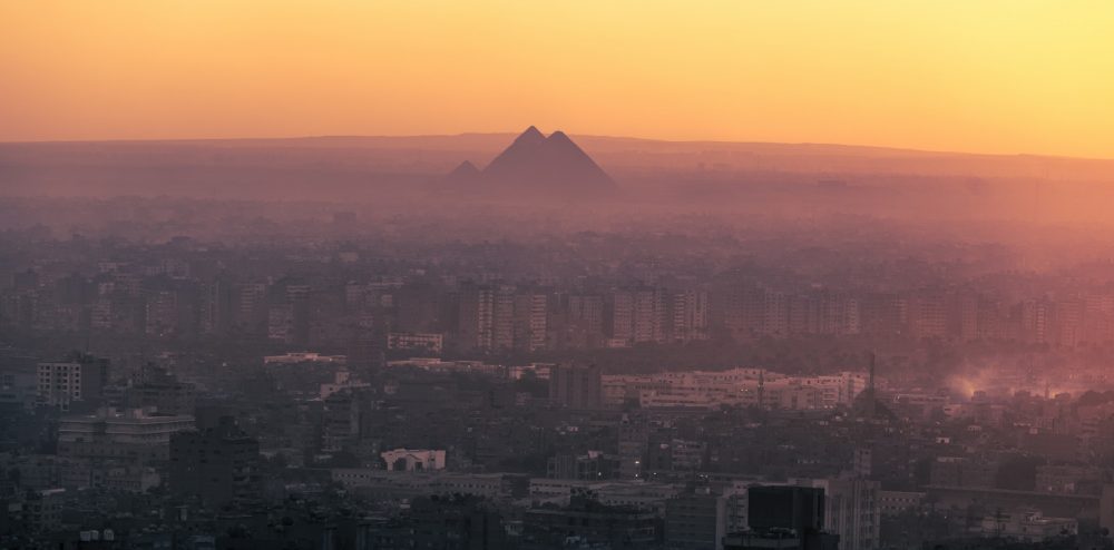 A distant view of the Pyramids at Giza from a different perspective. Shutterstock.