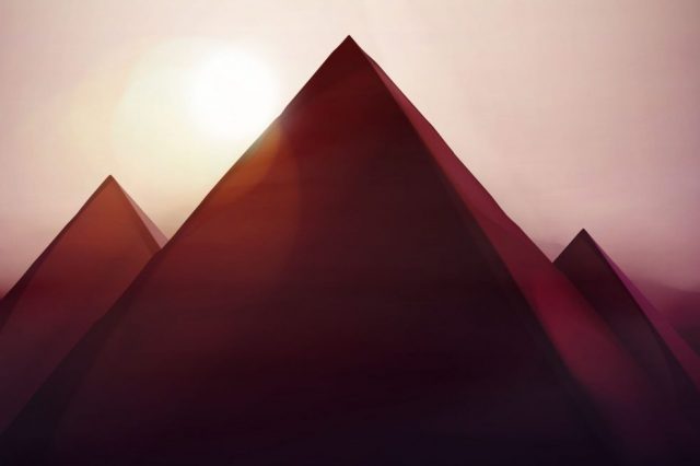 Artists rendering of pyramids and the sun. Shutterstock.