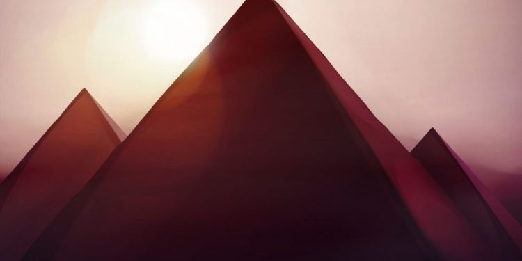 Artists rendering of pyramids and the sun. Shutterstock.