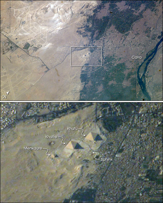 Satellite view of the Pyramids at Giza and Cairo. Image Credit: NASA / Earth Observatory.