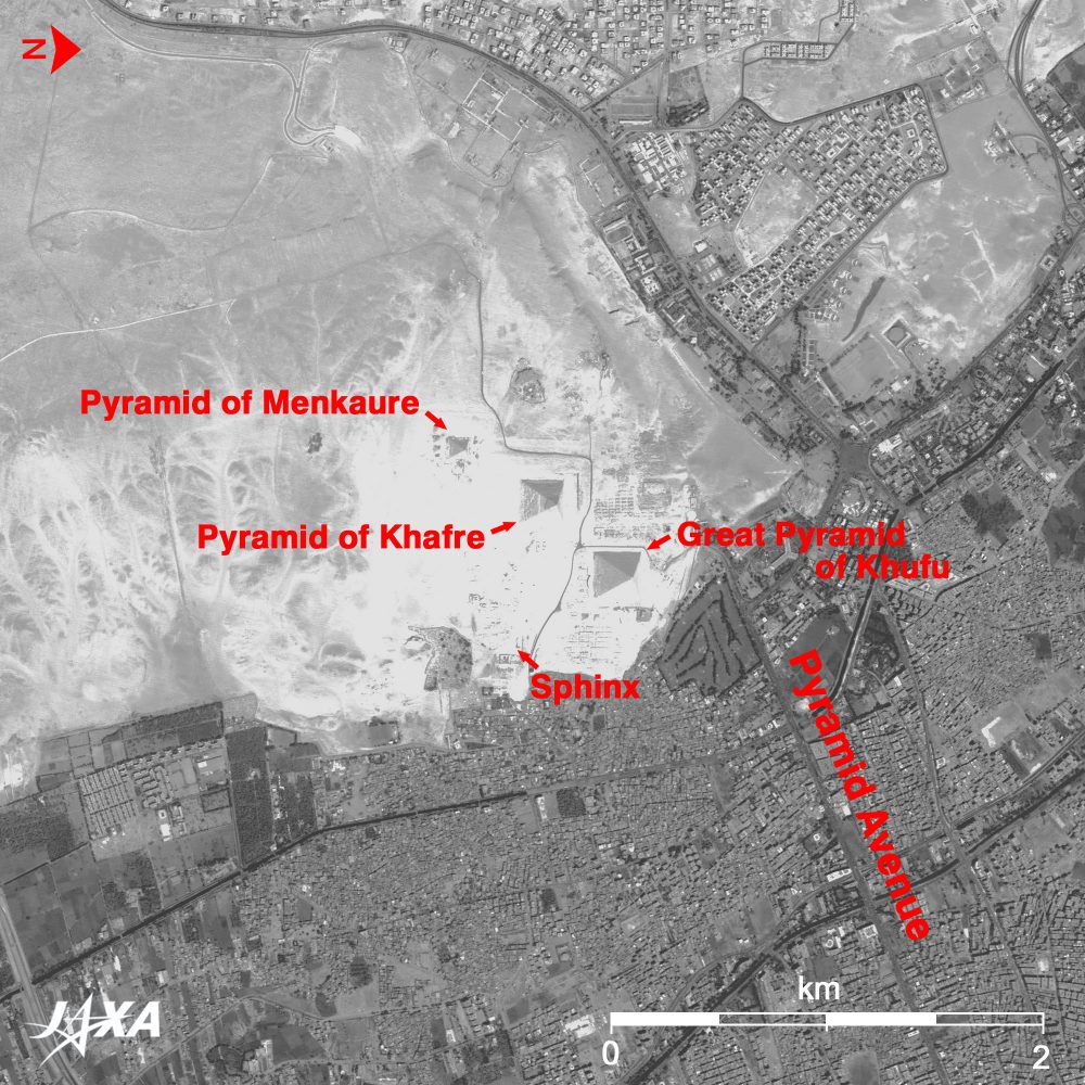 Satellite view of the Pyramids at Giza. Image Credit: JAXA.