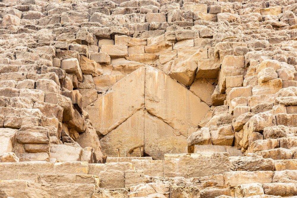 The entrance to the Great Pyramid of Giza is on the north side, about 18 meters above ground level. Shutterstock.