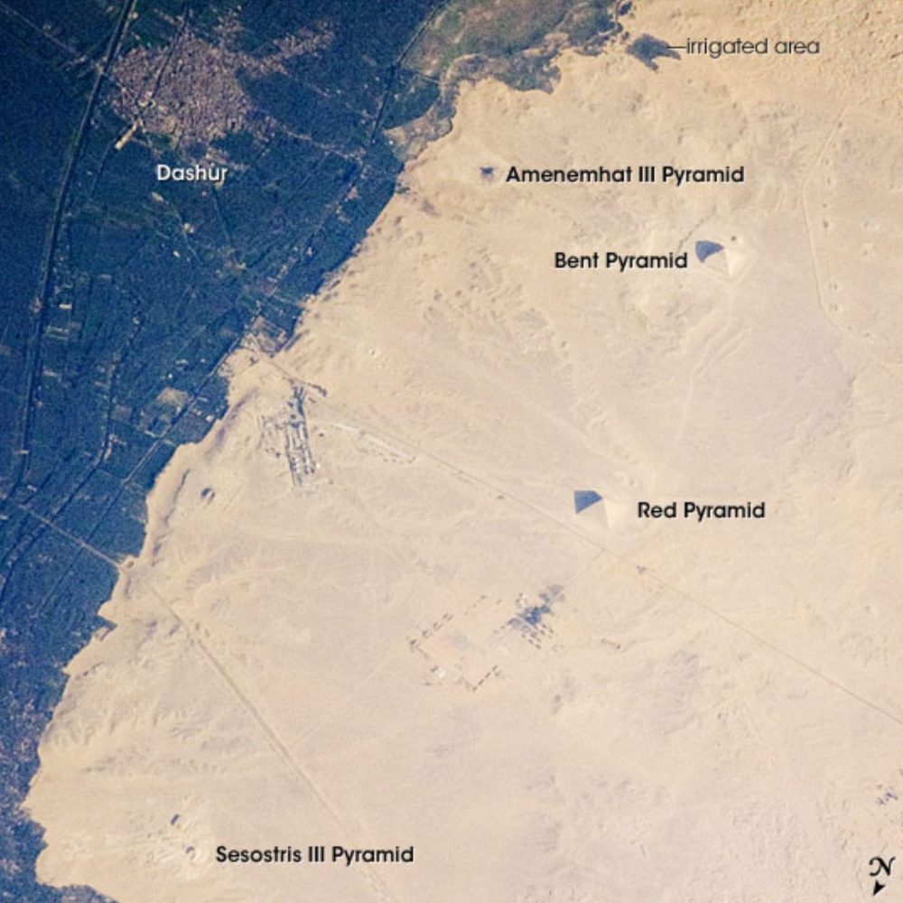 The Pyramids at Dahshur as seen from space. Image Credit: NASA.