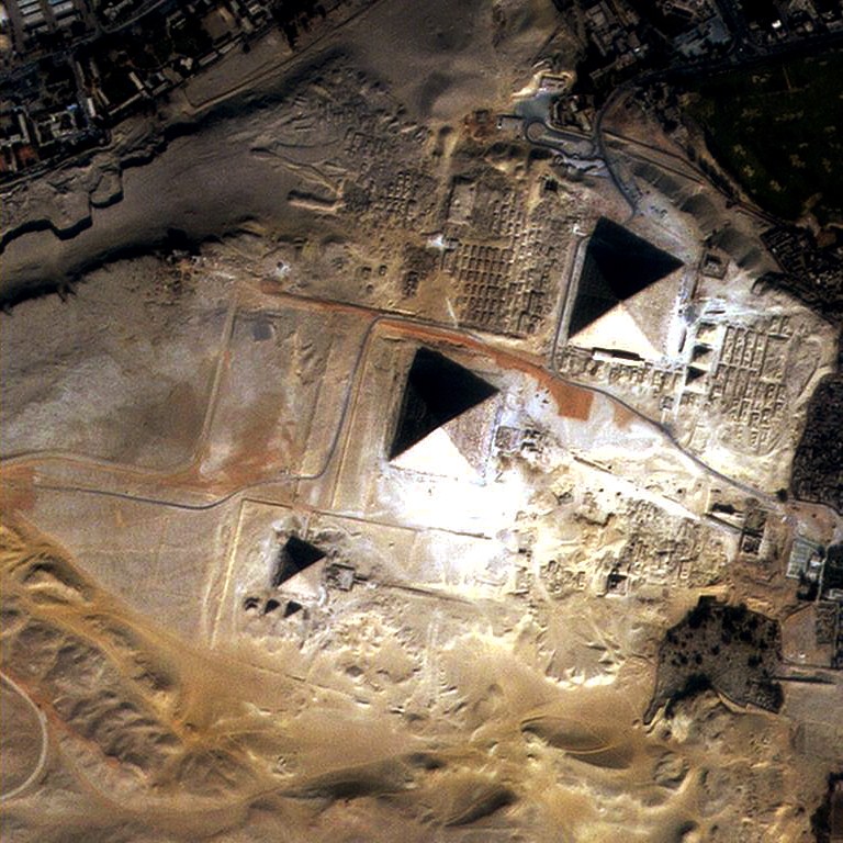 Egypt Pyramids captured by DubaiSat-1 of EIAST, Dubai. Image Credit: Wikimedia Commons.