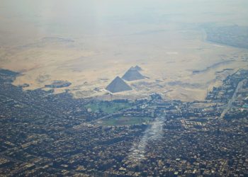 What the Pyramid Complex at Giza looks like from a distance, from above. Shutterstock.
