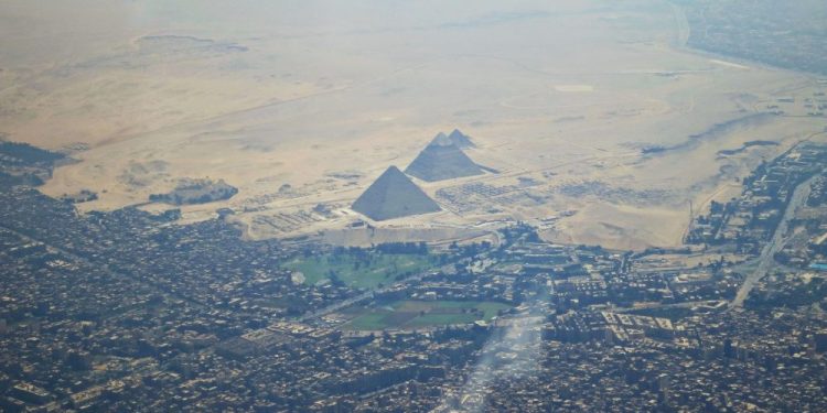 What the Pyramid Complex at Giza looks like from a distance, from above. Shutterstock.