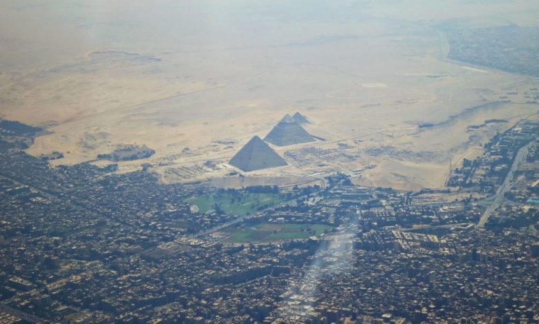 What the Pyramid Complex at Giza looks like from a distance, from above. Shutterstock.