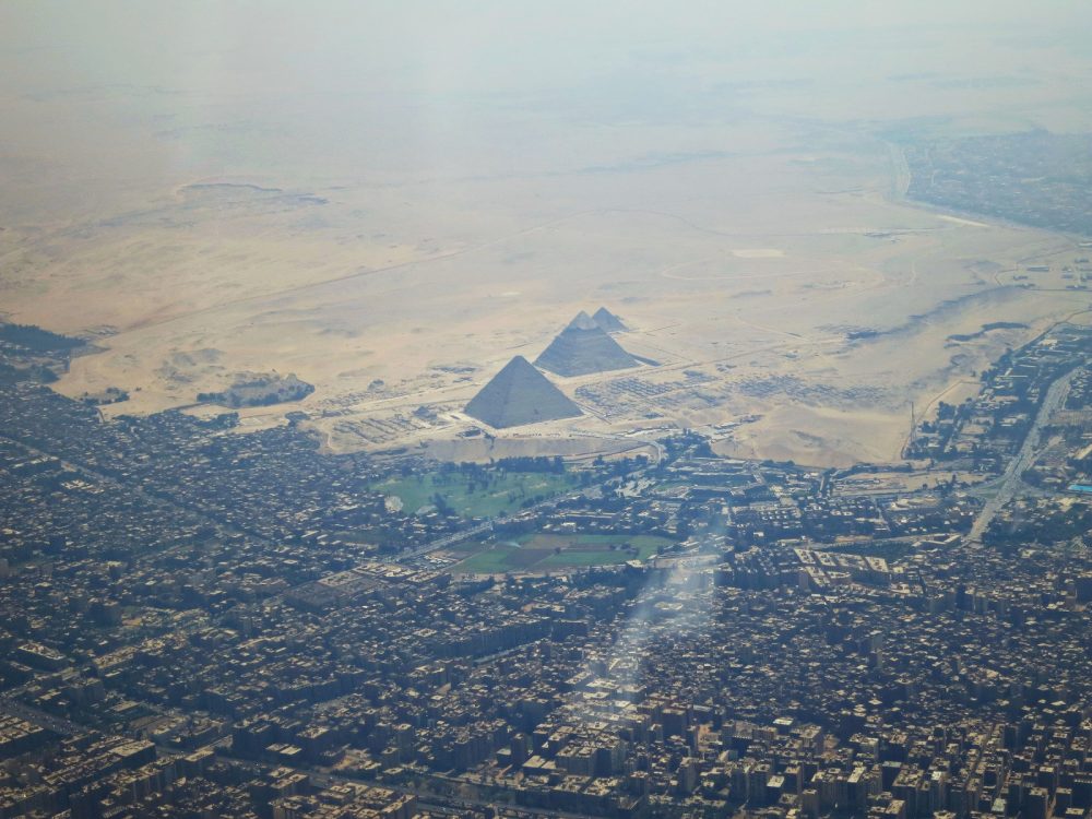 What the Pyramid Complex at Giza looks like from a distance, from above. Shutterstock.
