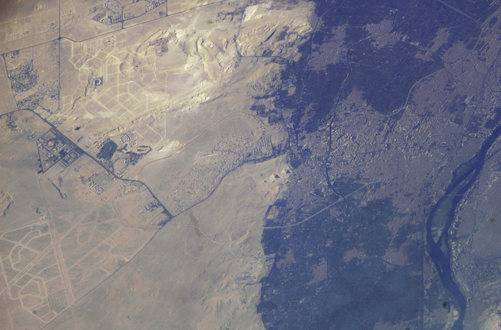 A view of Giza and its pyramids as seen from space. Image Credit: NASA.