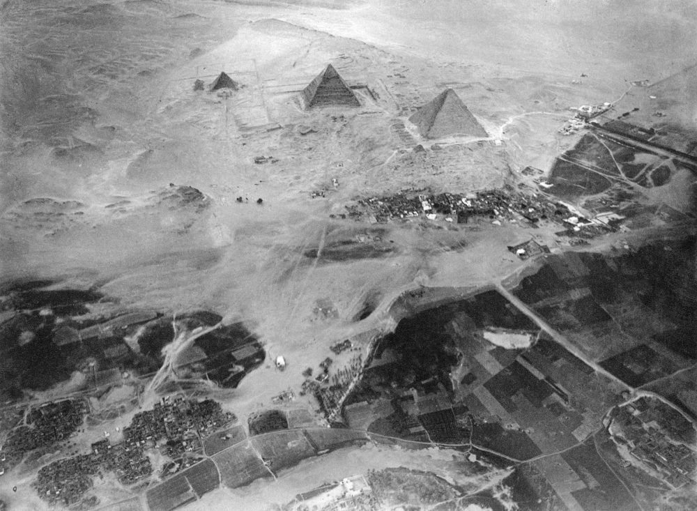 Pyramids of Giza, Egypt. From left to right: Menkaure, Khafre, Khufu. Photographed from a balloon from about 600 meters above ground. Image Credit: Wikimedia Commons.