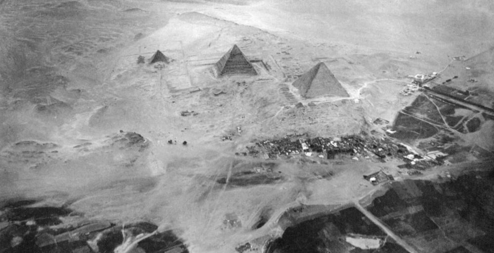 Pyramids of Giza, Egypt. From left to right: Menkaure, Khafre, Khufu. Photographed from a balloon from about 600 meters above ground. Image Credit: Wikimedia Commons.