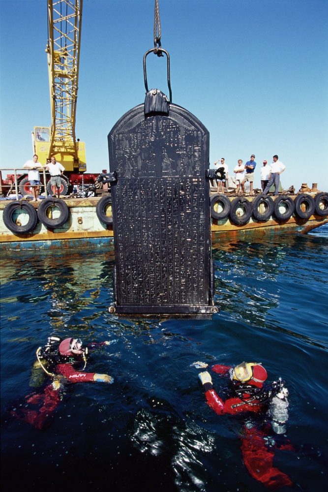 With a height of 1.90 meters, the stele of Thonis-Heracleion was erected by Pharaoh Nectanebo I (378-362 B.C.), and found in the old port city. Image Credit: Franck Goddio / Hilti Foundation / University of Oxford.