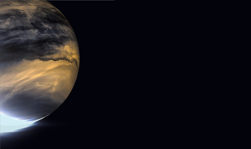 Venus in infrared. Akatsuki’s IR2 camera relies on heat emanating from the lower atmosphere of Venus to image the nightside lower clouds. Image Credit: JAXA/ISAS/DARTS/Damia Bouic.