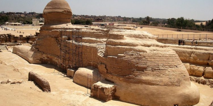 Rear view of the great Sphinx of Giza showing possible entrances. Shutterstock.