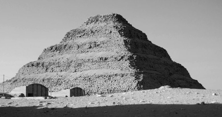 A black and white image of the Step Pyramid of Djoser at Saqqara. Shutterstock.