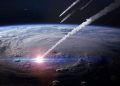 An illustration showing asteroids impacting Earth. Shutterstock.