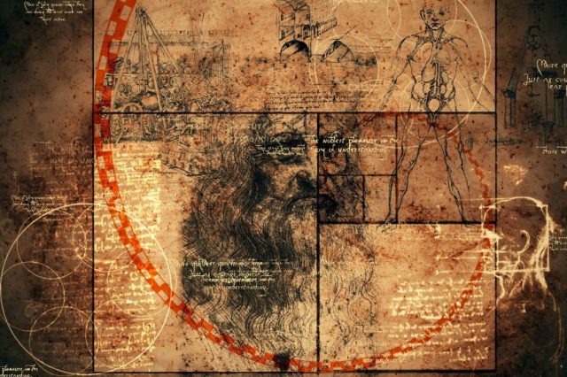 Artists rendering including the Golden Ratio and some of Da Vinci's drawings. Shutterstock.