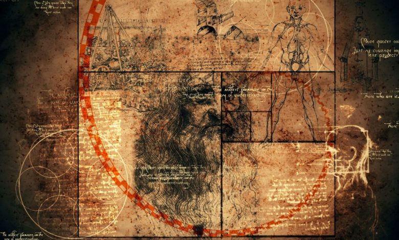 Artists rendering including the Golden Ratio and some of Da Vinci's drawings. Shutterstock.