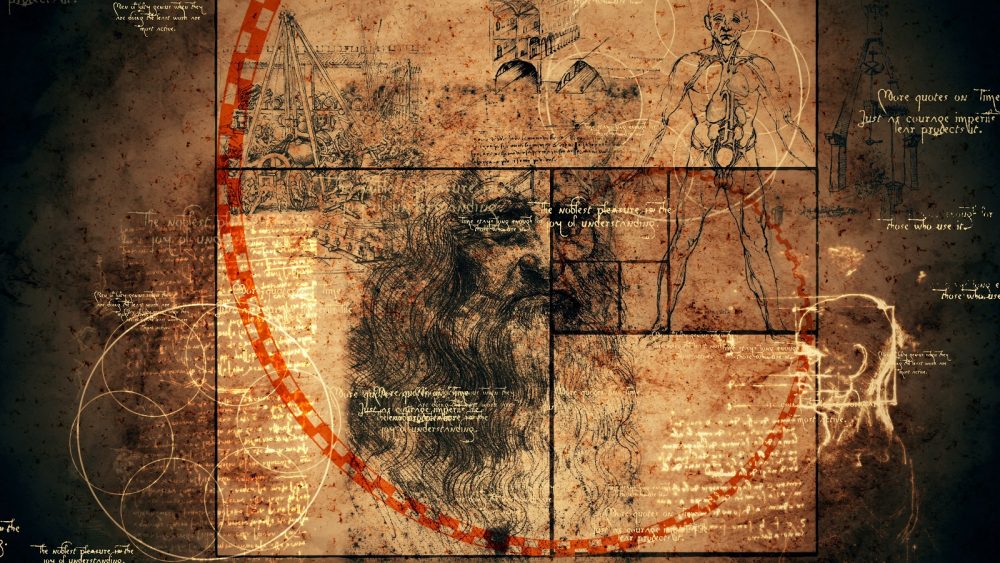 Artists rendering including the Golden Ratio and some of Da Vinci's drawings. Shutterstock.