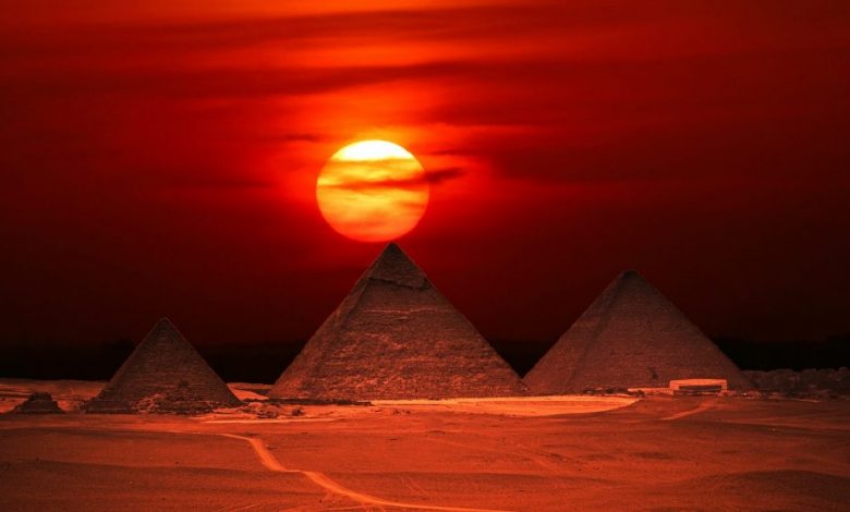 The Pyramids at Giza at sunset. Shutterstock.