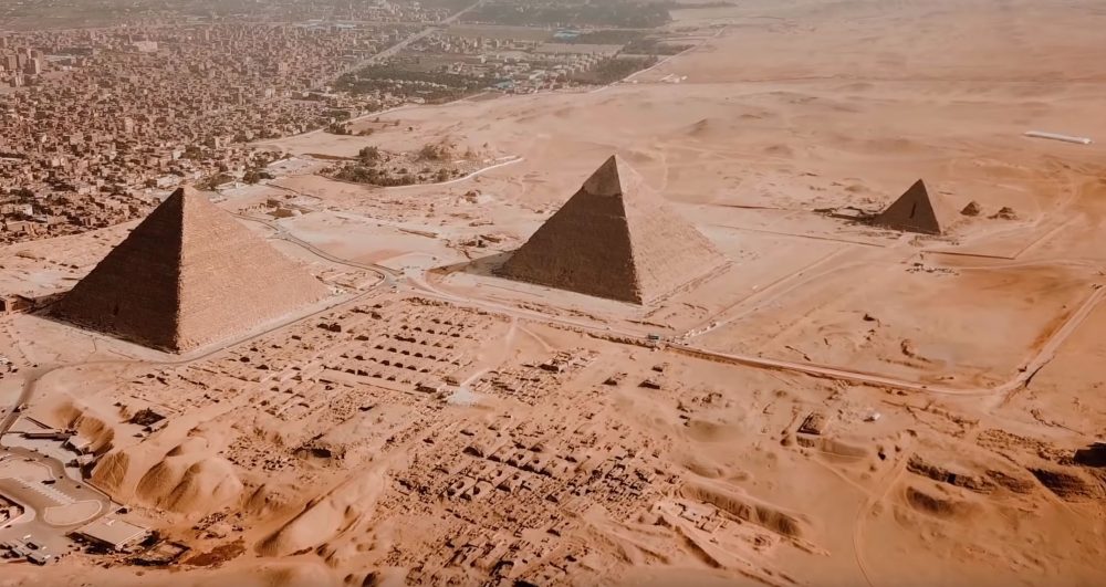 Aerial view of the Giza Pyramids. Image Credit: Drone Snap / Mareen El Masry, q8engr76 / Bahaa Sabry / YouTube.