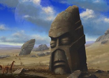 An artists illustration of ancient monuments on a distant world. Image Credit: University of Rochester illustration / Michael Osadciw.