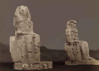 An image of the Colossi of Memnon by Antonio Beato. 19th century. Image Credit: Brooklyn Museum.