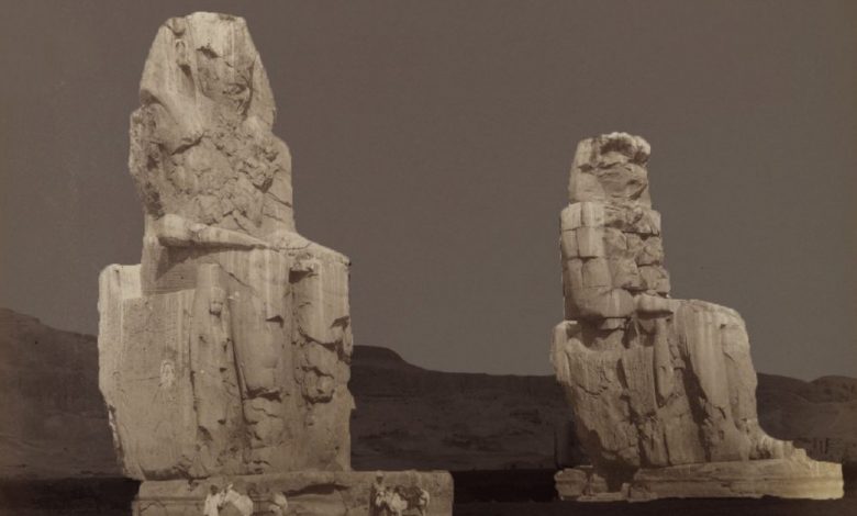 An image of the Colossi of Memnon by Antonio Beato. 19th century. Image Credit: Brooklyn Museum.