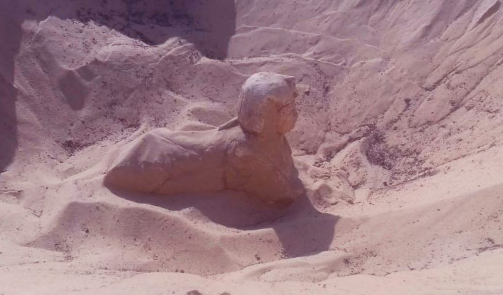 An image of the buried Sphinx discovered in Minya. Image Credit: Egyptian Ministry of Antiquities.