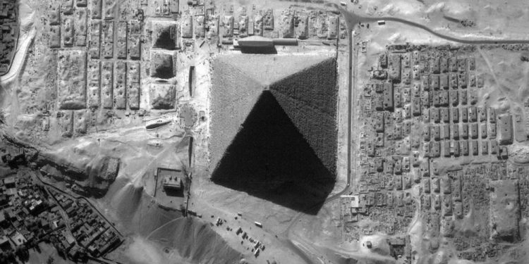 An aerial view of the Great Pyramid showing its eight sides.