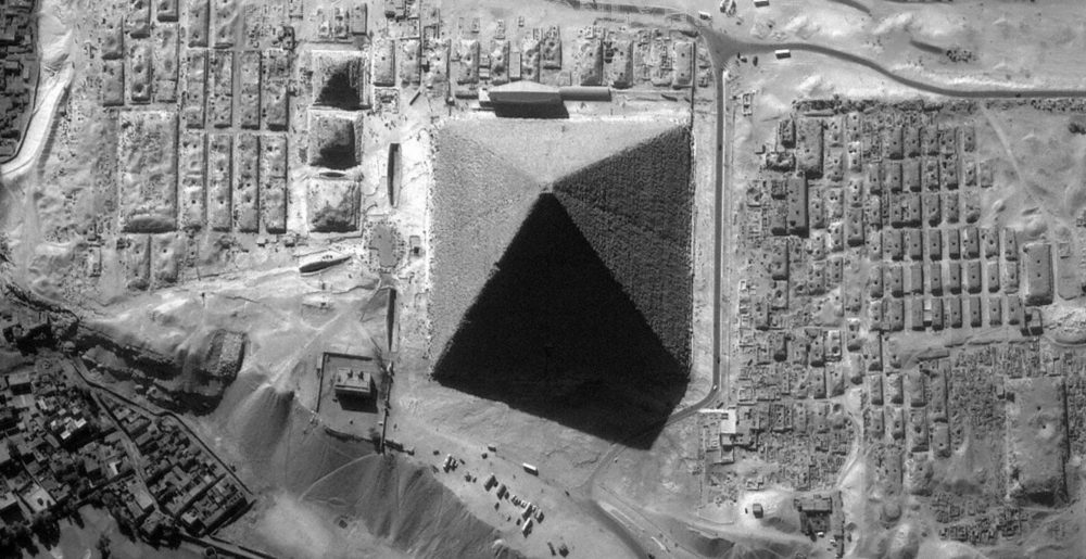 An aerial view of the Great Pyramid showing its eight sides.