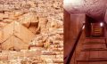 An image collage with the entrance of the Great Pyramid of Giza and one of its interior chambers. Shutterstock.