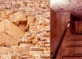 An image collage with the entrance of the Great Pyramid of Giza and one of its interior chambers. Shutterstock.