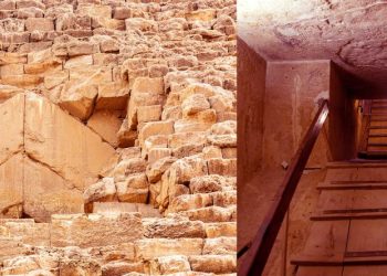 An image collage with the entrance of the Great Pyramid of Giza and one of its interior chambers. Shutterstock.