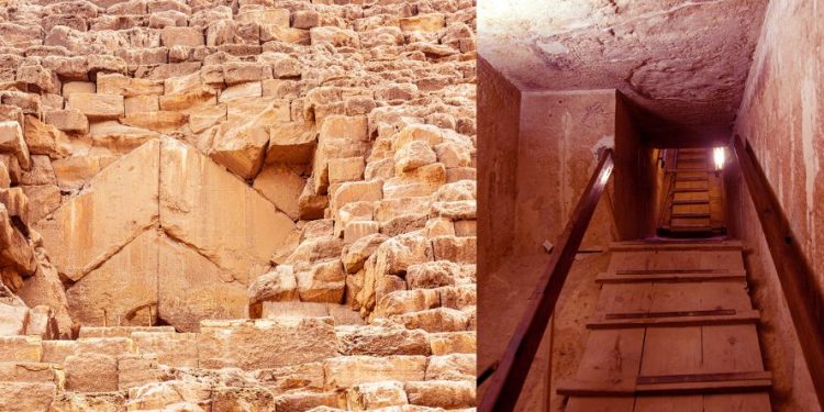 An image collage with the entrance of the Great Pyramid of Giza and one of its interior chambers. Shutterstock.