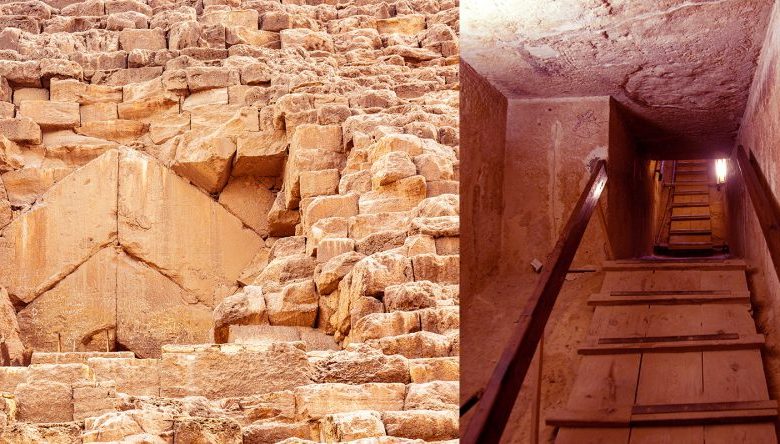 An image collage with the entrance of the Great Pyramid of Giza and one of its interior chambers. Shutterstock.