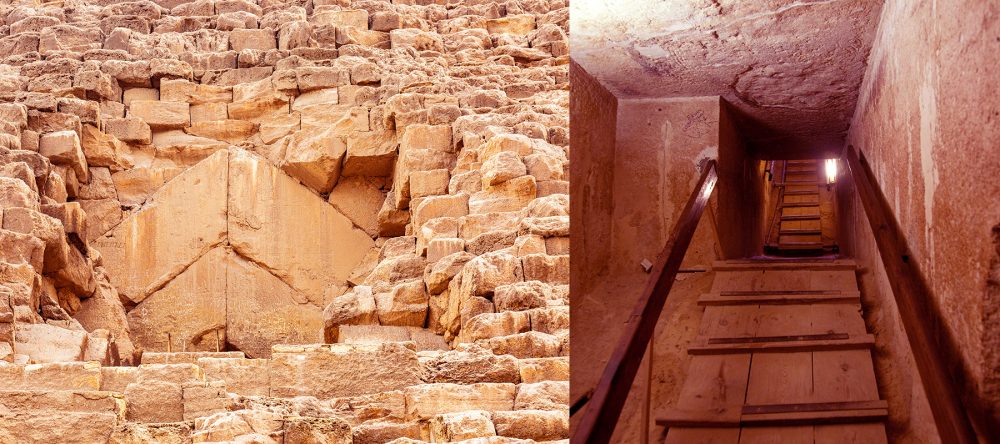 An image collage with the entrance of the Great Pyramid of Giza and one of its interior chambers. Shutterstock.