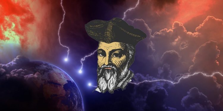 An artists rendering of the planet struck by lighting from space, and the face of Nostradamus. Shutterstock.