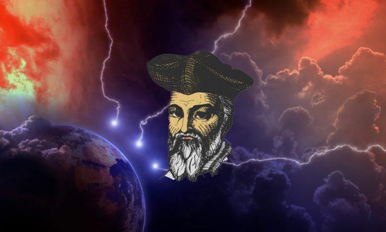 An artists rendering of the planet struck by lighting from space, and the face of Nostradamus. Shutterstock.