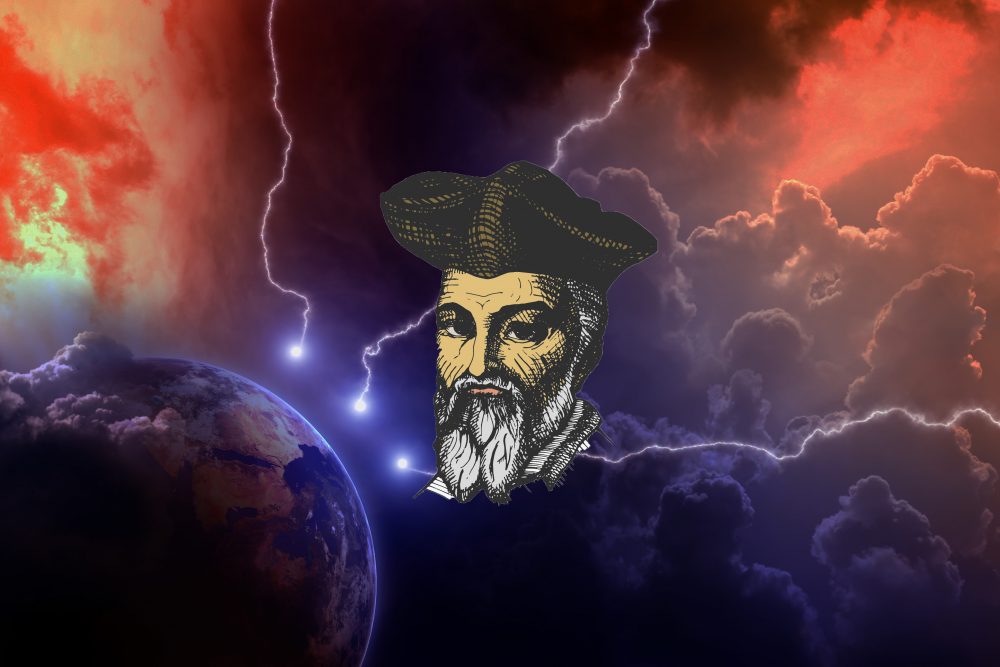 An artists rendering of the planet struck by lighting from space, and the face of Nostradamus. Shutterstock.