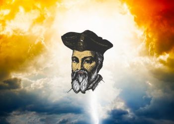 An artists illustration of Nostradamus with clouds in the background. Shutterstock.