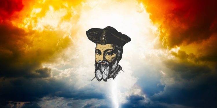 An artists illustration of Nostradamus with clouds in the background. Shutterstock.