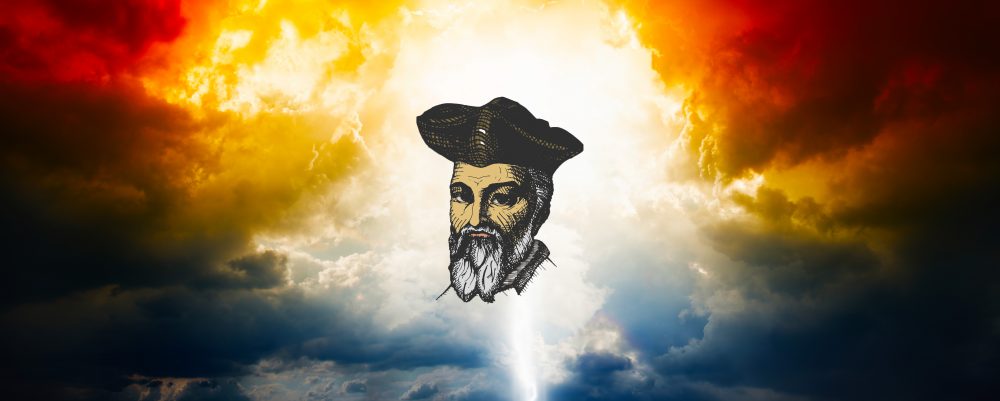 An artists illustration of Nostradamus with clouds in the background. Shutterstock.